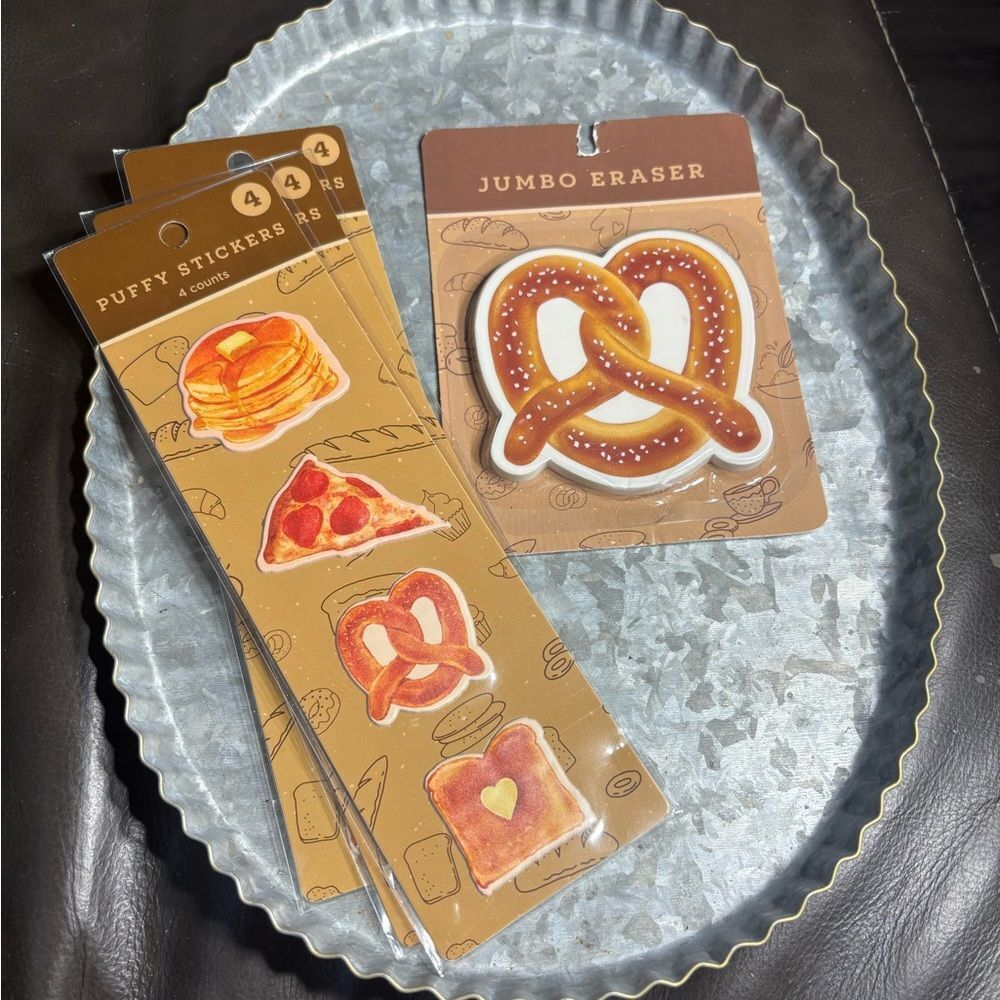 New Jumbo Pretzel Eraser & 3 Puffy Food Stickers - Brown/White